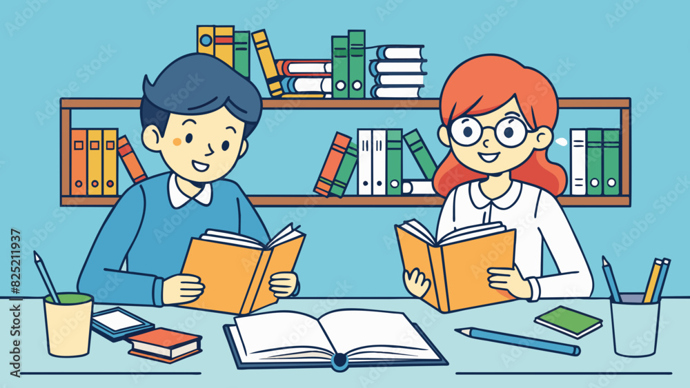 Poster Two students studying together in a quiet library their textbooks and notes spread out on the table. They discuss their notes quiz each other and. Cartoon Vector.