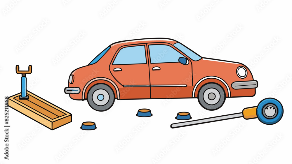 Poster Use a car jack to lift the car off the ground and then remove the lug nuts and the flat tire.. Cartoon Vector.