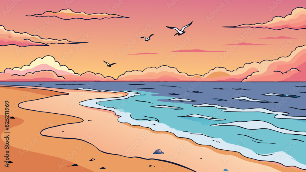 Poster west visualize a peaceful beach at sunset with gentle waves lapping against the shore and the sky pa