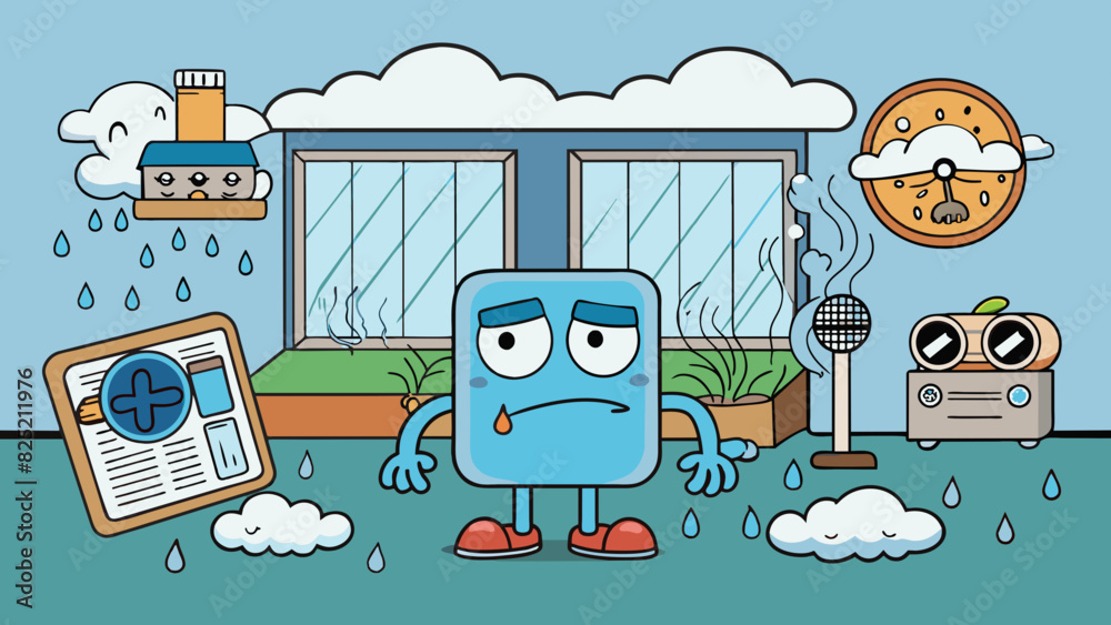Poster when air is humid it can feel heavy and damp making everything seem a bit stickier.. cartoon vector.