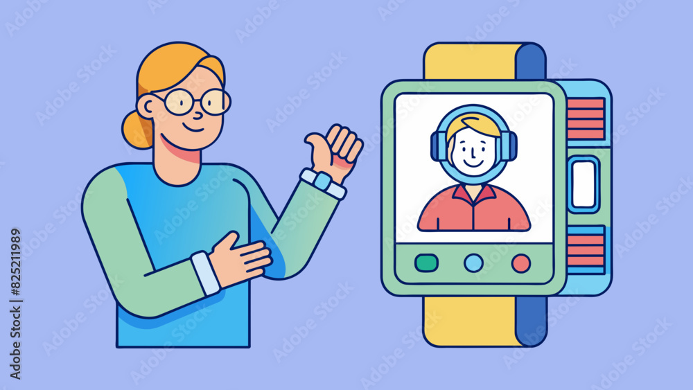 Fototapete When receiving a call a person presses a button on their smarch and answers the call through the devices small display. The voice of the caller can be. Cartoon Vector.