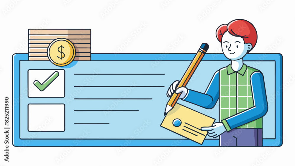 Poster When writing a check a person uses a pen to fill in various fields such as the date payees name and amount of money being paid. The fields are. Cartoon Vector.
