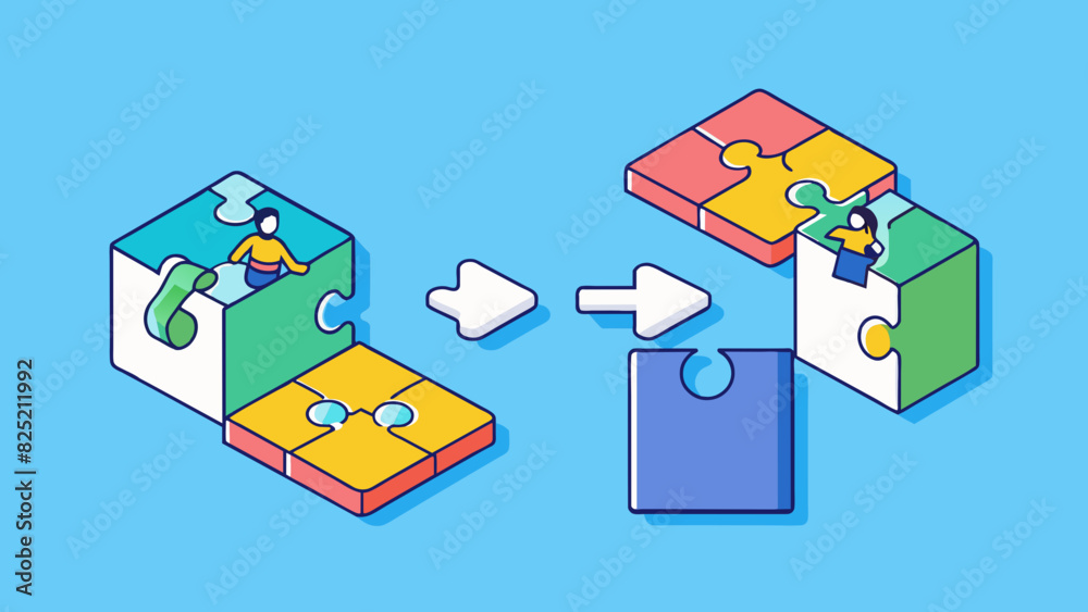 Poster When assembling a puzzle first spread out all the pieces on a flat surface. The puzzle pieces should each have a unique shape and be made of thick sy. Cartoon Vector.