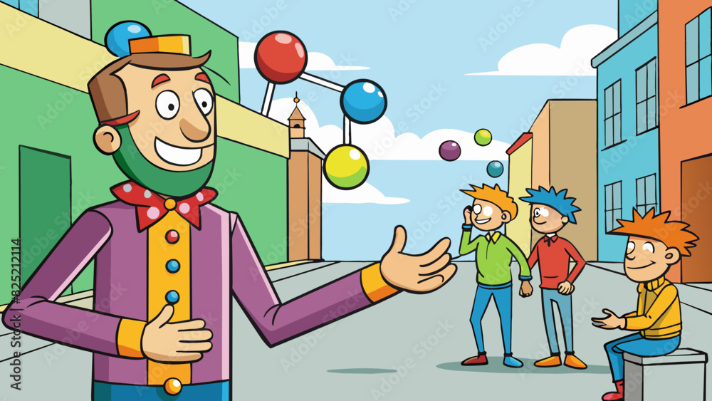 Poster while strolling through a bustling city street a man passes by a street performer juggling colorful 