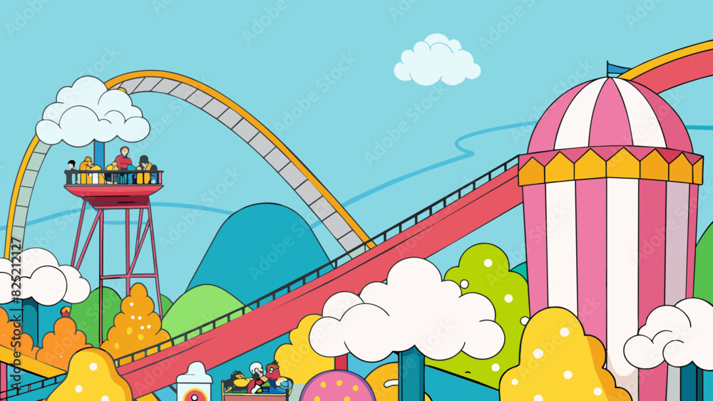 Poster While waiting in line at the amut park I noticed a bright colorful rollercoaster in the distance. It towered over the rest of the rides with twists. Cartoon Vector.