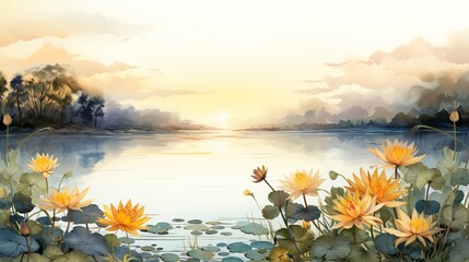 Watercolor painting of a serene lake with blooming yellow lotus flowers at sunset.