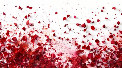 Exquisite ruby paint splatters intricately layered on a blank white canvas, forming an enchanting...