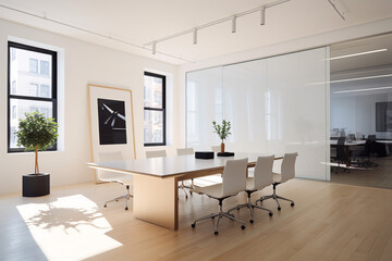 Clean lines and minimalist design define the space, with a pristine whiteboard framed by a stylish, uncluttered meeting area.