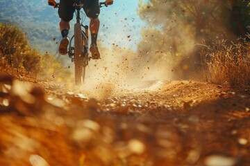 Dynamic Mountain Biker Racing Down Trail with Dust and Dirt Flying - Outdoor Adventure and Extreme Sports Photography
