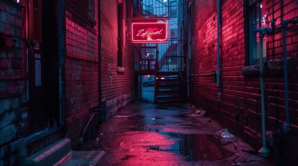 Dark urban alleyway with red neon sign for a mysterious and moody design