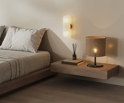 Close up of bedside table with lamp and notebooks near bed, 3d 