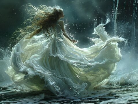 Enchanting Ethereal Figure Flowing Amidst the Waterfall's Mystic Embrace