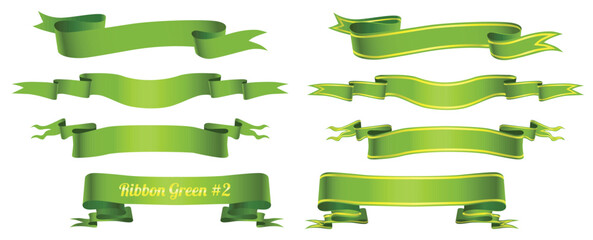 Vector ribbon in green for decoration of holidays, cards, greetings. Realistic set of green ribbons, vector image. Many options for vintage ribbons for the decoration of the background, banner, icons.