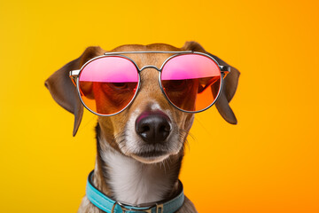 Dog wearing sunglasses. Happy dog with sunglasses. Portrait of smiling dog wearing sunglasses. Happy pet concept