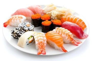 Plate of assorted sushi nigiri with fish and rice on a white background