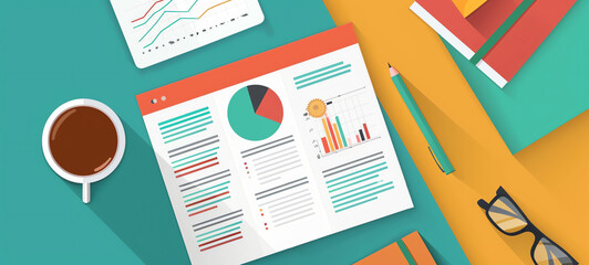 business report presentation, flat design, top view, data analysis summary, cartoon drawing, complementary color scheme.