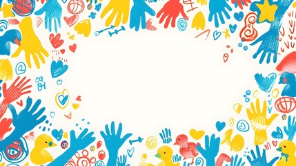 Vibrant Children s Day Doodle Background with Playful Handprints Rubber Ducks and Candy Swirls in Whimsical Style Leaving Ample Blank Space for