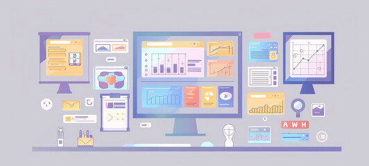 digital platform interface, flat design, top view, userfriendly navigation, cartoon drawing, analogous color scheme.