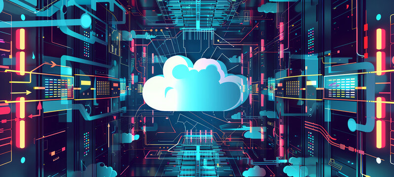 cloud computing infrastructure, flat design, top view, virtual server setup, cartoon drawing, complementary color scheme.