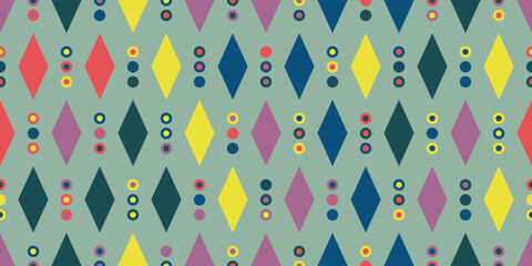 Modern vector abstract seamless geometric pattern with diamonds and circles in retro scandinavian style. 