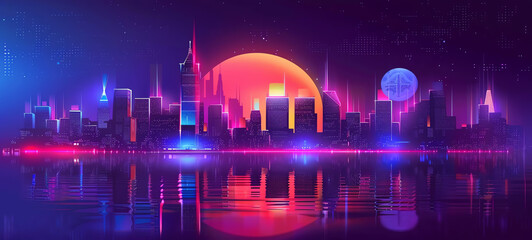 modern technology landscape, flat design, front view, digital transformation, animation, vivid.