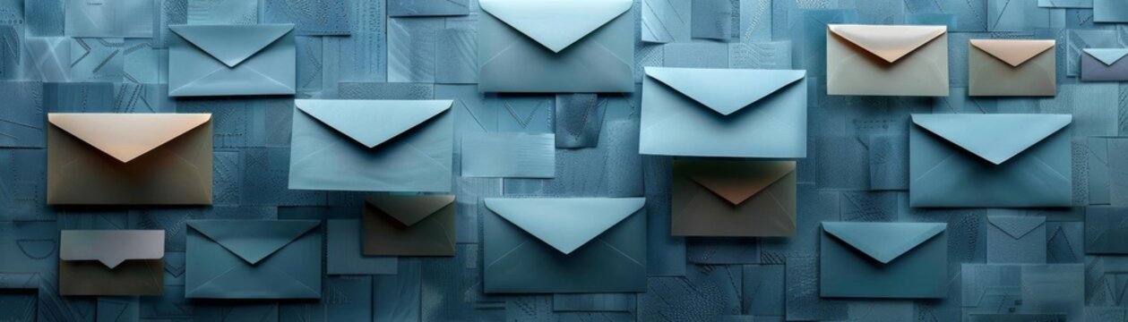 Modern mail concept, a series of geometrically aligned envelopes on a blue textured background, showcasing order and connectivity