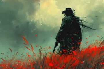 Solitary Cowboy Traversing the Scarlet Meadows of Enigmatic Wilderness