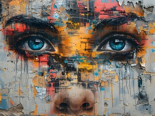 Striking Surreal Facial Portrait with Vibrant Graffiti-Inspired Abstract Background