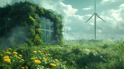 Sustainable Future Blossoms in Eco-Friendly Landscape with Wind Turbines and Greenhouse