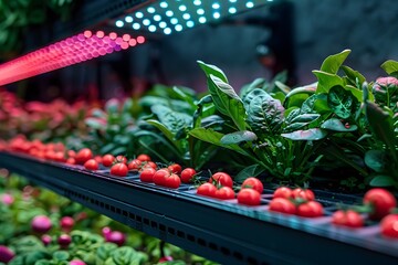 Thriving Hydroponics Garden with Lush Greens and Vibrant Produce Under LED Lighting