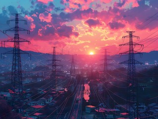 Vibrant Cityscape Sunset with Dramatic Skyline and Criss-Crossing Power Lines