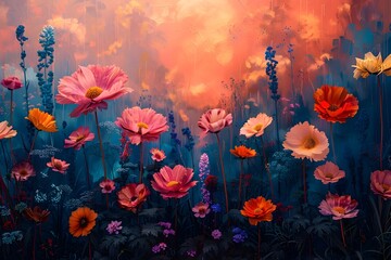 Vibrant Floral Landscape at Dusk with Blooming Petals and Lush Foliage