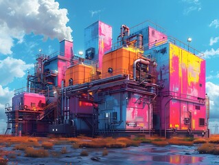 Vibrant Futuristic Industrial City Landscape with Colorful Surreal Architectural Structures and Machinery