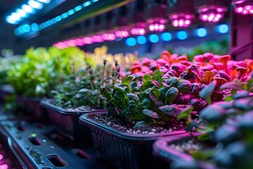 Vibrant Greenhouse Indoor Plant Display with Colorful Lighting Arrangement