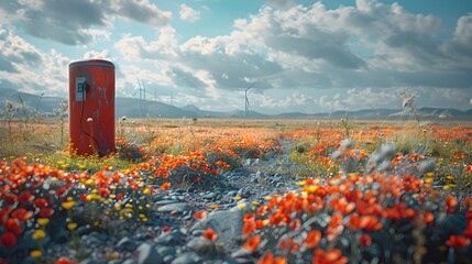 Vibrant Wildflower Field with Retro Telephone Booth in Scenic Mountain Landscape