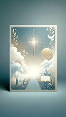Poster on a religious theme 8. A stylized image of a shining cross in the sky among clouds, a church, a Bible, a dove and a road leading to the cross. For advertising, presentations, postcards
