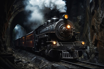 Fototapeta premium Vintage steam train emerging from tunnel