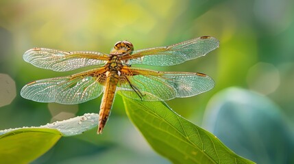 Dragonfly resting on a leaf in a vibrant natural setting