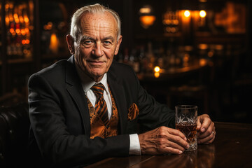 Sophisticated senior man enjoying whiskey in bar - Powered by Adobe