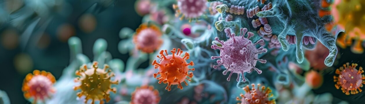 Microscopic pathogens visualized with stunning clarity and color, educational yet captivating