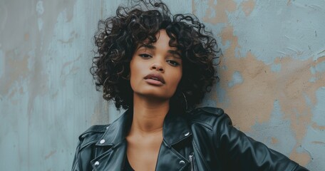 Fashionable Young Woman with Curly Hair Posing in Stylish Leather Jacket