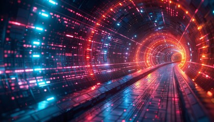 Obraz premium A tunnel with blue and orange lights by AI generated image