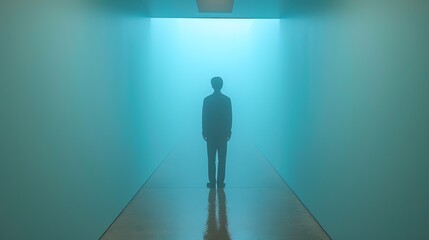 Obraz premium Silhouette of a solitary figure standing in a serene, blue-lit corridor, exuding a sense of calm and introspection. The minimalist scene captures the essence of solitude and reflection.