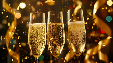 In a vibrant night party scene, glasses of champagne clink together in a joyful toast, embodying celebration. Warm golden glow, twinkling lights, and colorful decorations create a festive ambiance. 