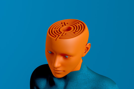 Human head with intricate maze design