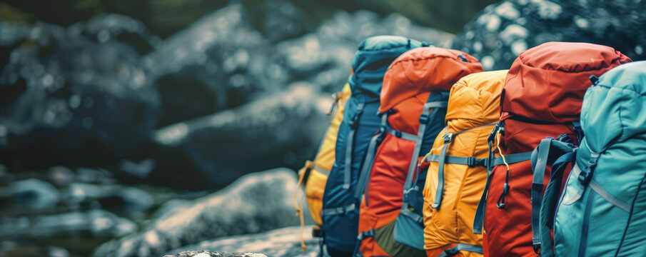 Trekking backpacks lined up against a rock close up, focus on, equipment, realistic, Overlay, trailhead