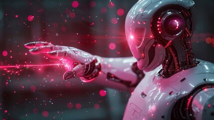futuristic robot hand interacting with virtual reality interface in a modern technology concept banner