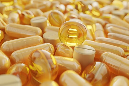 3D rendering of Vitamin B complex capsules close up, focus on, nutrition, realistic, Overlay, vitamin bottles
