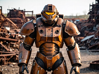 Rusted and decaying power armor in a scrap yard