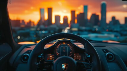 Driving through the city at sunset